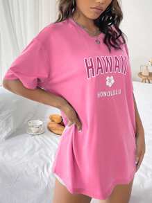 SHEIN EZwear 字母和花卉印花落肩T恤 - 粉色 - 查看 3