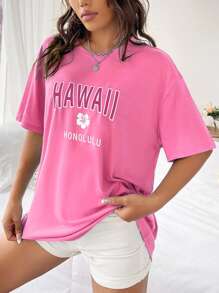 SHEIN EZwear 字母和花卉印花落肩T恤 - 粉色 - 查看 4