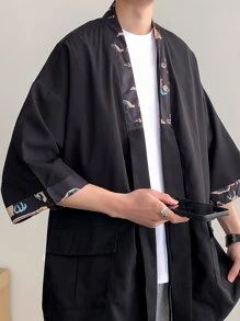 Manfinity Hypemode Oversized Men's Kimono With Contrast Trim And Tie Front (Without Tee) - Black - View 5