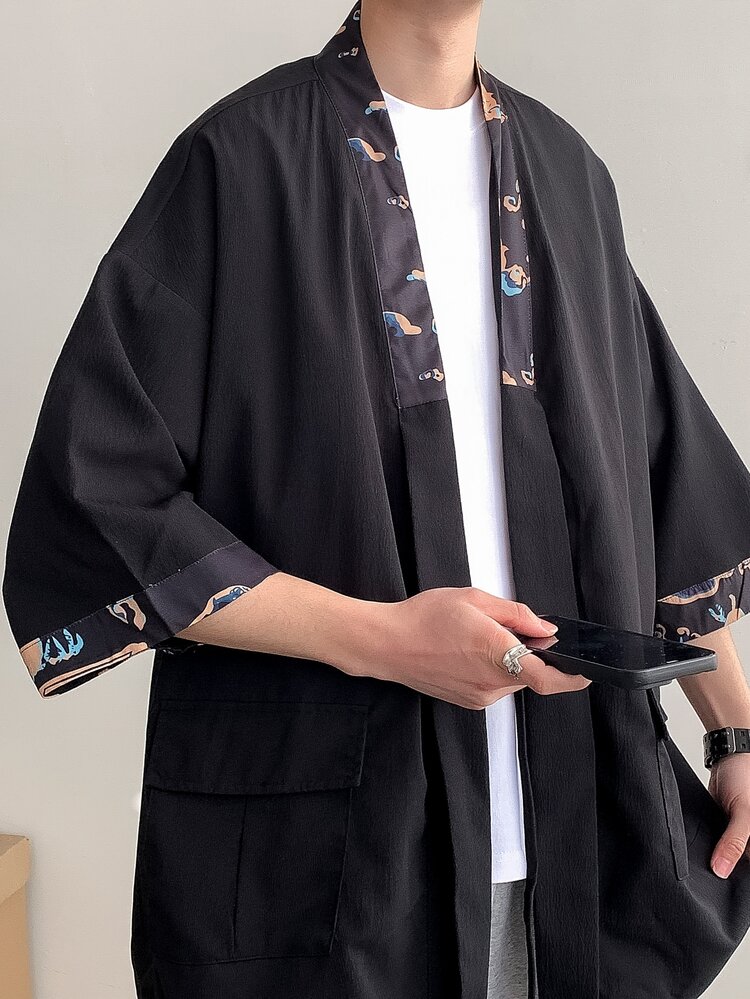 Manfinity Hypemode Kimono De Gran Tamaño Para Hombre Con Ribete De Contraste Y Frente Con Lazo (sin Camiseta) - Negro - Añade 5