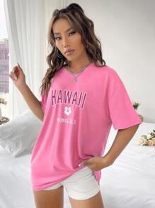 SHEIN EZwear 字母和花卉印花落肩T恤 - 粉色 - 查看 5