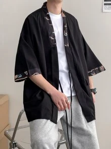 Manfinity Hypemode Oversized Men's Kimono With Contrast Trim And Tie Front (Without Tee) - Black - View 6