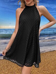 SHEIN VCAY Tie Back Halter Neck Dress - Black - View 1