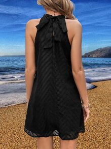 SHEIN VCAY Tie Back Halter Neck Dress - Black - View 2
