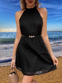 SHEIN VCAY Tie Back Halter Neck Dress - Black - View 3