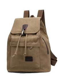 Letter Patch Decor Drawstring Design Functional Backpack - Khaki - View 1