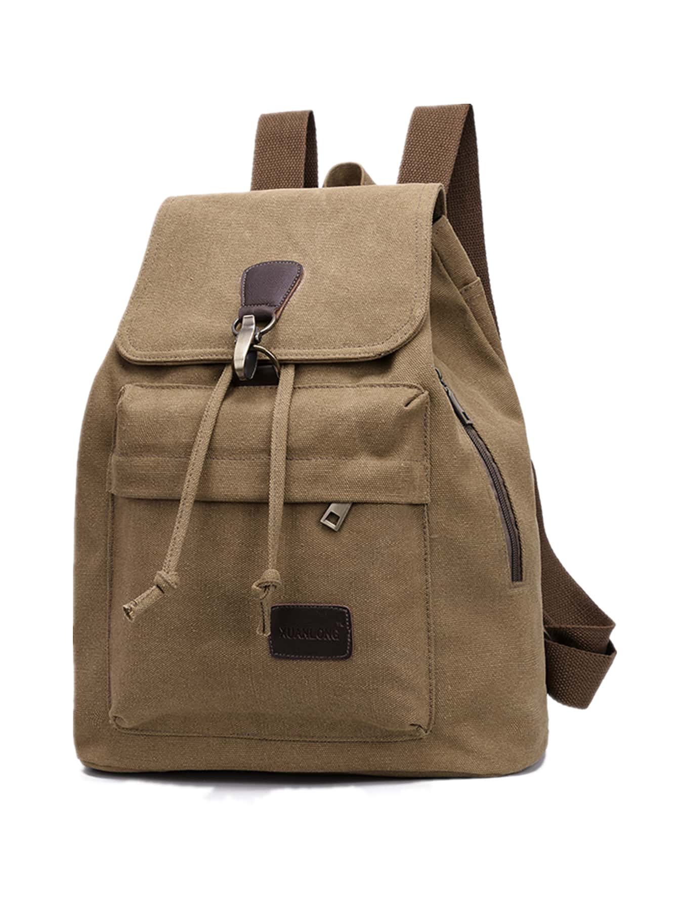 Letter Patch Decor Drawstring Design Functional Backpack - Khaki - View 1