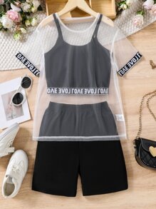 SHEIN Explorewe 青少女字母拼接透薄網紗上衣&吊帶&摩托車短褲 - 黑與白 - 查看 1