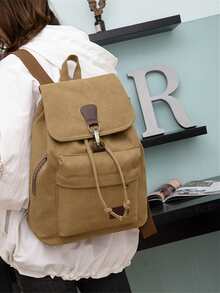 Letter Patch Decor Drawstring Design Functional Backpack - Khaki - View 2