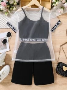 SHEIN Explorewe 青少女字母拼接透薄網紗上衣&吊帶&摩托車短褲 - 黑與白 - 查看 2