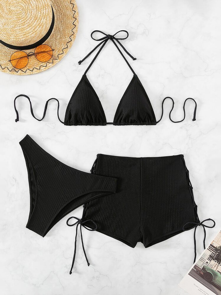 SHEIN Swim 夏季海滩单色比基尼套装吊带三角胸罩和罗纹针织比基尼和抽绳褶皱平角短裤 3 件套比基尼 - 黑色 - 查看 1