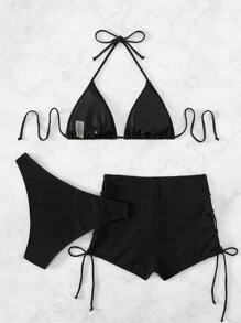 SHEIN Swim 夏季海滩单色比基尼套装吊带三角胸罩和罗纹针织比基尼和抽绳褶皱平角短裤 3 件套比基尼 - 黑色 - 查看 2