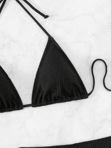 SHEIN Swim 夏季海滩单色比基尼套装吊带三角胸罩和罗纹针织比基尼和抽绳褶皱平角短裤 3 件套比基尼 - 黑色 - 查看 5
