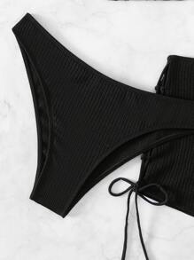 SHEIN Swim 夏季海滩单色比基尼套装吊带三角胸罩和罗纹针织比基尼和抽绳褶皱平角短裤 3 件套比基尼 - 黑色 - 查看 7