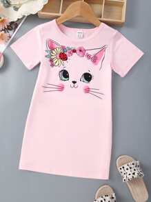 SHEIN Young Girl Cartoon Graphic Tee Dress - Pink - View 1