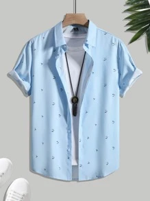 Manfinity Hombres 1 pieza Camisa con estampado de flamenco al azar - Celeste - Ver 1