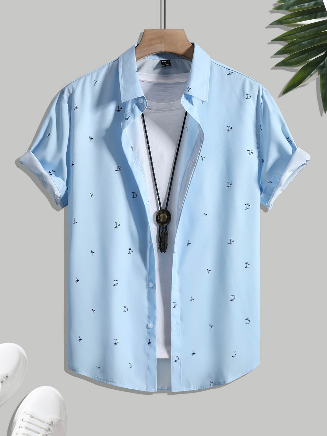 Manfinity Hombres 1 pieza Camisa con estampado de flamenco al azar - Celeste - Ver 1