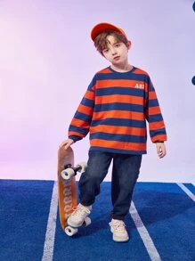 Boys Striped & Letter Graphic Drop Shoulder Sweatshirt - Multicolor - View 3