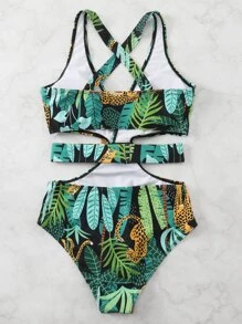 SHEIN Swim 熱帶圖案鏤空連體泳衣 - 彩色 - 查看 3