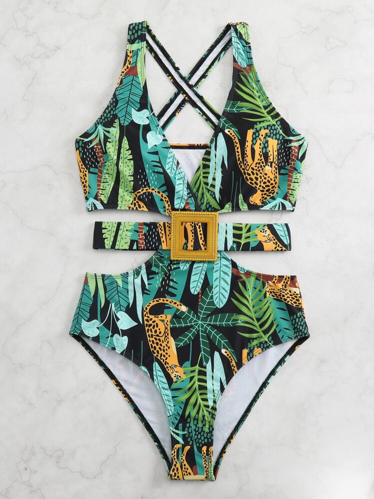 SHEIN Swim Phụ nữ một mảnh Hội Chữ thập Nhiệt đới - Nhiều màu - Xem 4