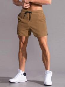 Manfinity Homme Men Drawstring Waist Slant Pocket Shorts Jogger Plain Khaki Boyfriend Gift - Brown - View 1