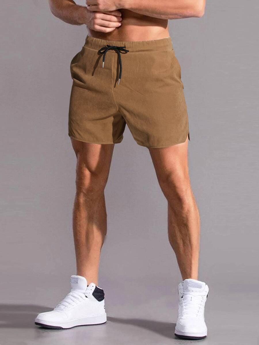 Manfinity Homme Men Drawstring Waist Slant Pocket Shorts Jogger Plain Khaki Boyfriend Gift - Brown - View 1