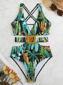 SHEIN Swim 熱帶圖案鏤空連體泳衣 - 彩色 - 查看 5