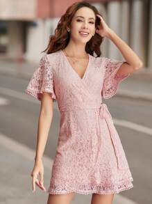 花卉蕾絲腰帶圍裹式洋裝