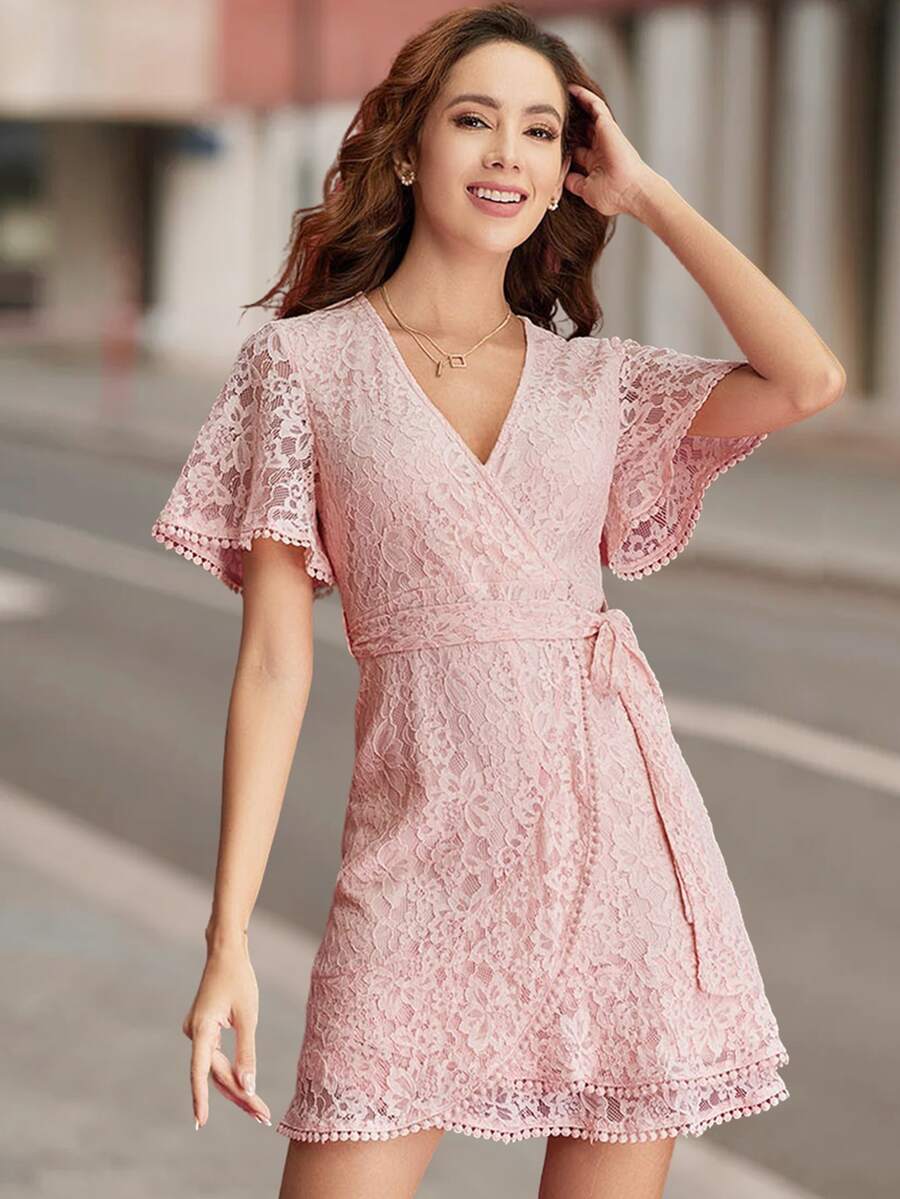 花卉蕾絲腰帶圍裹式洋裝