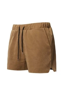 Manfinity Homme Men Drawstring Waist Slant Pocket Shorts Jogger Plain Khaki Boyfriend Gift - Brown - View 3