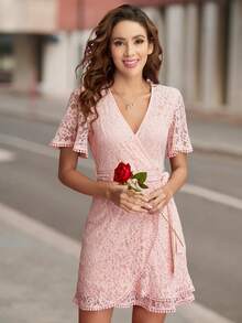 花卉蕾絲腰帶圍裹式洋裝