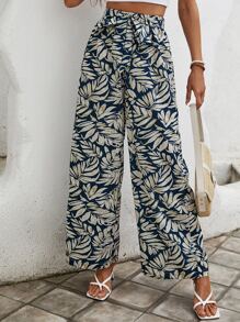 SHEIN VCAY 熱帶圖案腰帶闊腿褲 - 藍色 - 查看 1