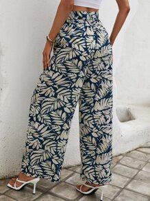 SHEIN VCAY 熱帶圖案腰帶闊腿褲 - 藍色 - 查看 2
