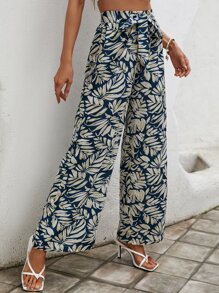 SHEIN VCAY 熱帶圖案腰帶闊腿褲 - 藍色 - 查看 3