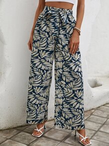 SHEIN VCAY 熱帶圖案腰帶闊腿褲 - 藍色 - 查看 4