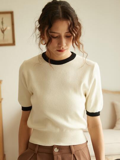 Knit Mix French Casual Knit Top, Short Sleeve Colorblock Crew Neck Pullover, Retro Vintage Style, Fashion For Spring/Summer, Back To School Season, Autumn Women Sweater Blouse