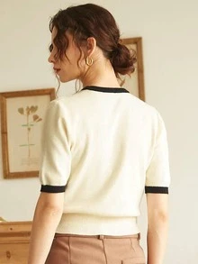 Knit Mix French Style Casual Knit Top, Short Sleeve Round Neck Colorblock Pullover, Modest Vintage Old Money Style Spring & Summer Fashion, Sweater Shirt Back To School Fall Women Clothes Autumn