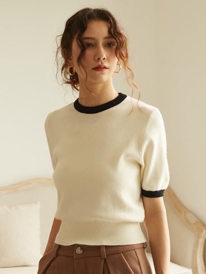 Knit Mix Áo len nữ thời trang xuân hè thanh lịch, kiểu Pháp, tay ngắn, phối màu, viền gân, phong cách tối giản cổ điển xuân hè, trang phục nữ mùa xuân hè đi học, trang phục nữ ngày Valentine.