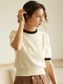 Knit Mix French Style Casual Knit Top, Short Sleeve Round Neck Colorblock Pullover, Modest Vintage Old Money Style Spring & Summer Fashion, Sweater Shirt Back To School Fall Women Clothes Autumn