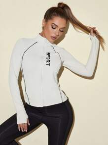Easithlete Letter Graphic Contrast Piping Zip Up Sports Jacket - White - View 5