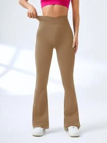 Yoga Basic Pantalones deportivos unicolor pierna amplia - Marrón - Ver 1