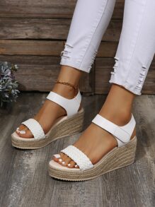 女士編織帶踝帶度假白色坡跟涼鞋 - 白色 - 查看 2