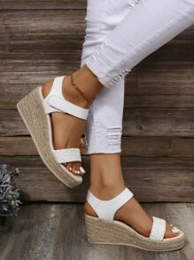 女士編織帶踝帶度假白色坡跟涼鞋 - 白色 - 查看 3