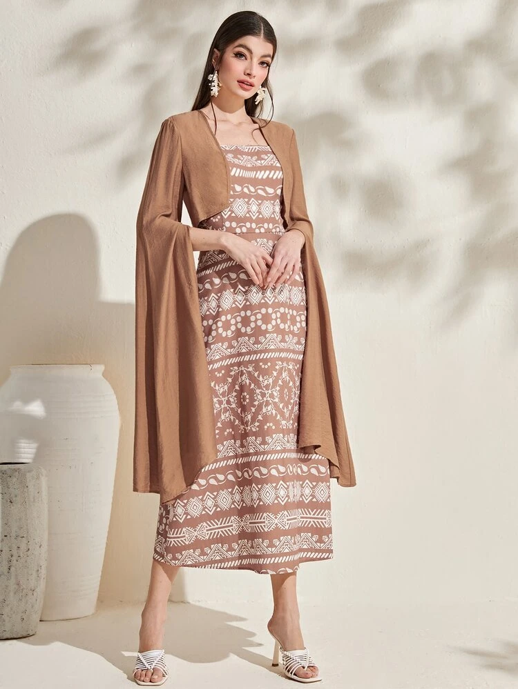 Floral & Geo Print Cami Dress & Cloak Sleeve Jacket 2 Piece Set