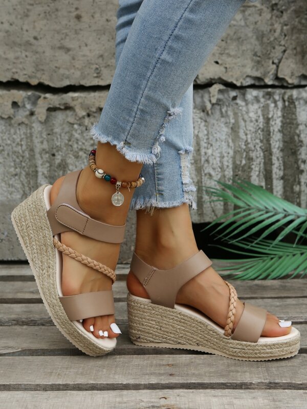 Women Braided Strap Ankle Strap Sandals, Vacation Khaki Wedge Sandals