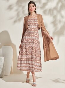 Modelyn 花卉和幾何圖案吊帶連衣裙和斗篷袖夾克 - 彩色 - 查看 5