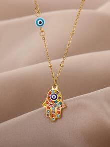 Eye Detail Hamsa Hand Charm Necklace
