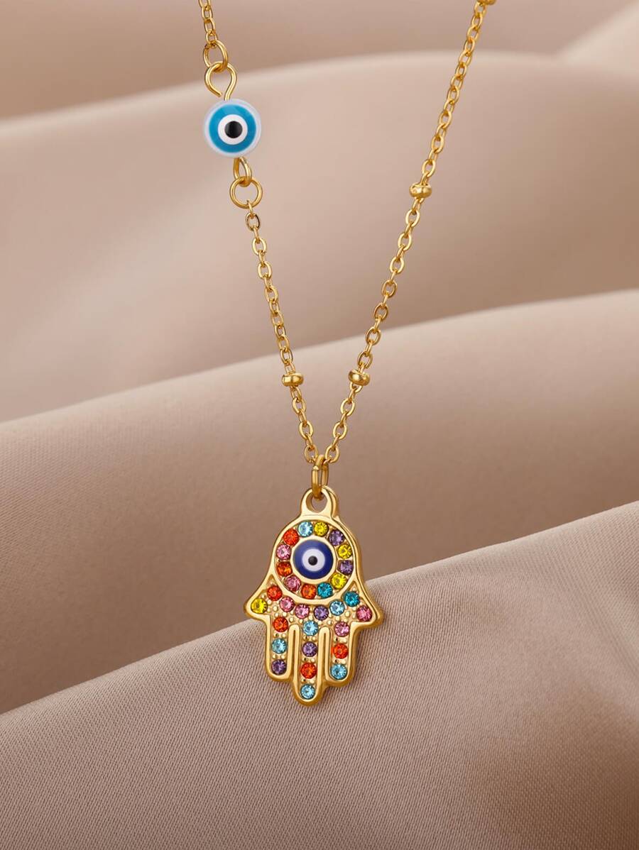 Eye Detail Hamsa Hand Charm Necklace