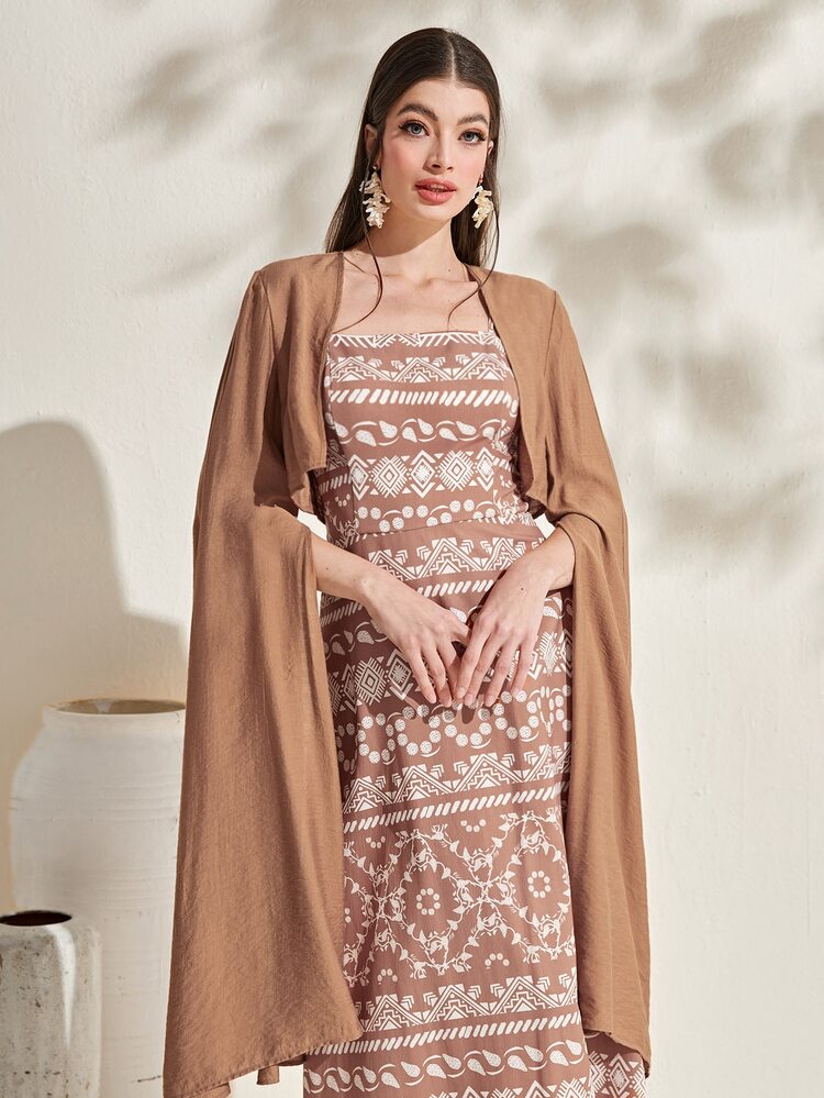 Floral & Geo Print Cami Dress & Cloak Sleeve Jacket 2 Piece Set