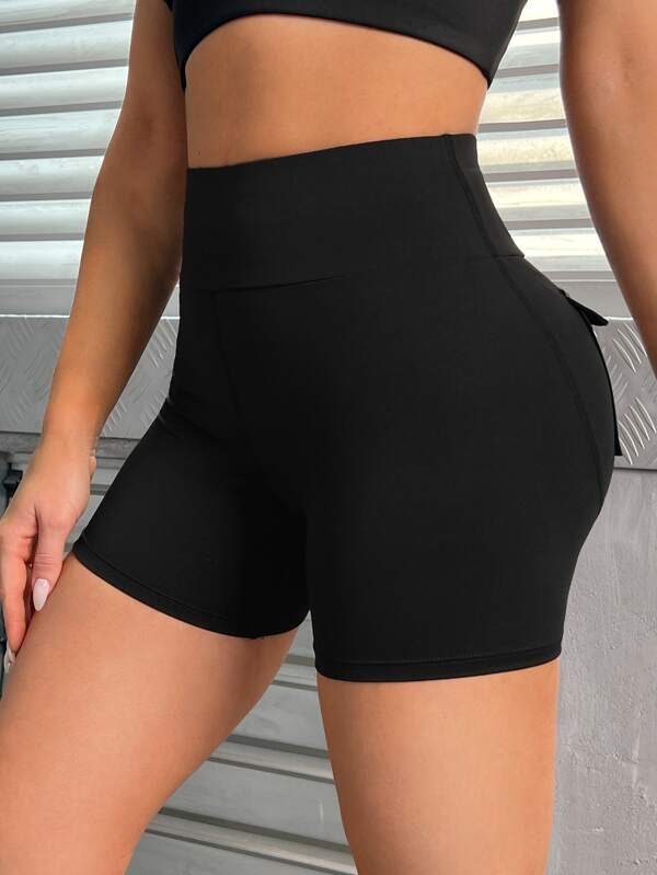 Yoga Basic Solid Wideband Waist Sports Shorts With Phone Pocket SHEIN USA